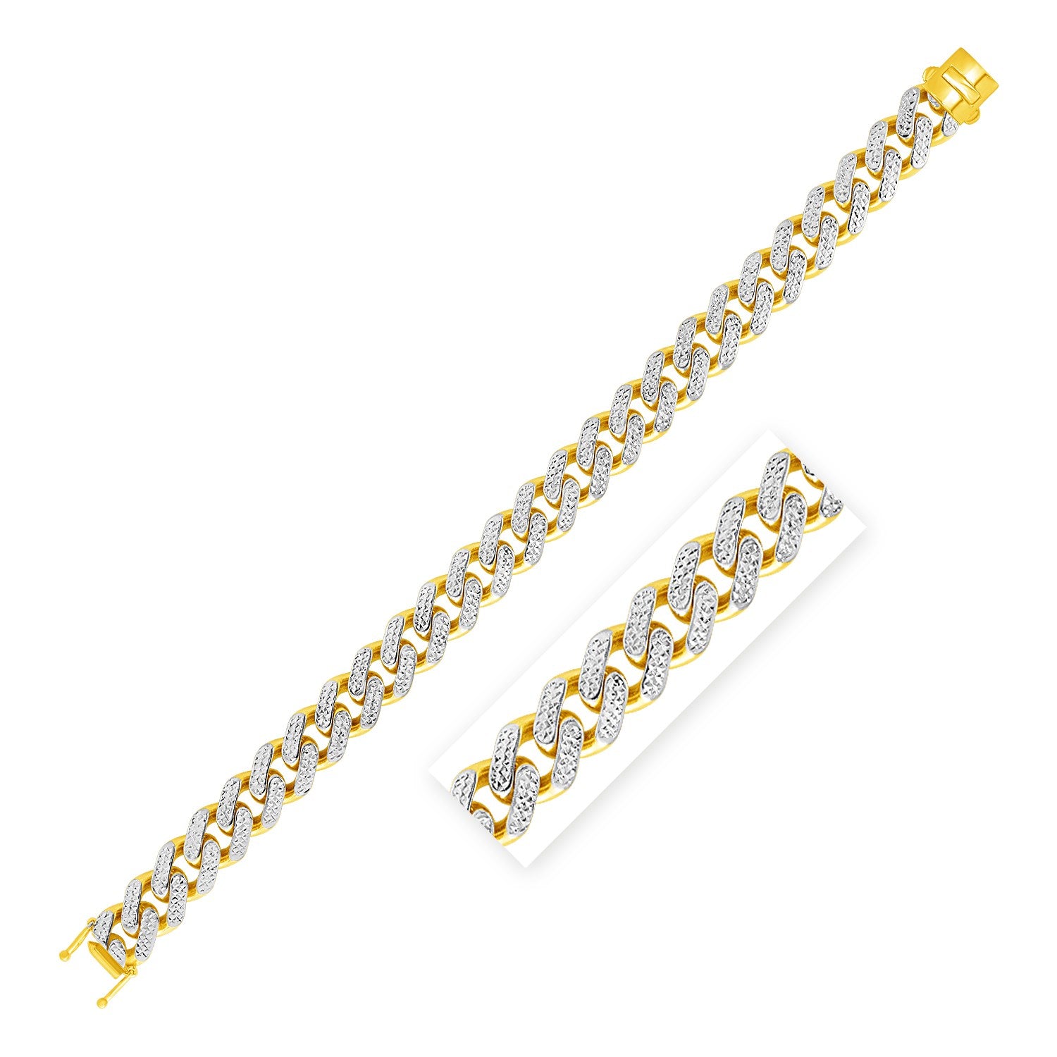 14k Two Tone Gold 8 1/2 inch Curb Chain Bracelet with White Pave (11.50 mm) in a sleek high-contrast midnight luxury editoria